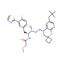 COCC(=O)N[C@@H](Cc1ccc(F)c(-c2nccs2)c1)[C@H](O)CN[C@H]1CC2(CCC2)Oc2ncc(CC(C)(C)C)cc21 ZINC000095578730