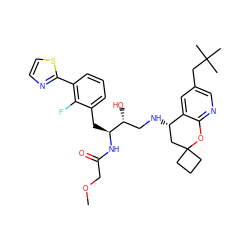 COCC(=O)N[C@@H](Cc1cccc(-c2nccs2)c1F)[C@H](O)CN[C@H]1CC2(CCC2)Oc2ncc(CC(C)(C)C)cc21 ZINC000095572682