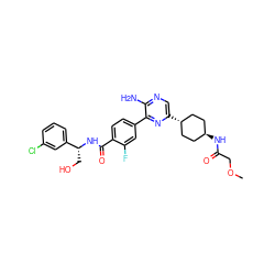 COCC(=O)N[C@H]1CC[C@H](c2cnc(N)c(-c3ccc(C(=O)N[C@H](CO)c4cccc(Cl)c4)c(F)c3)n2)CC1 ZINC001772572410