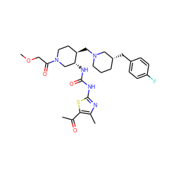 COCC(=O)N1CC[C@@H](CN2CCC[C@@H](Cc3ccc(F)cc3)C2)[C@H](NC(=O)Nc2nc(C)c(C(C)=O)s2)C1 ZINC000028975394