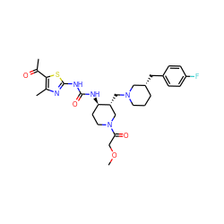 COCC(=O)N1CC[C@@H](NC(=O)Nc2nc(C)c(C(C)=O)s2)[C@H](CN2CCC[C@@H](Cc3ccc(F)cc3)C2)C1 ZINC000028975283