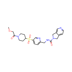 COCC(=O)N1CCC(S(=O)(=O)c2ccc(CNC(=O)N3Cc4ccncc4C3)nc2)CC1 ZINC000224952489