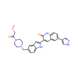 COCC(=O)N1CCN(Cc2ccc3[nH]c(-c4cc5cc(-c6cn[nH]c6)ccc5[nH]c4=O)cc3c2)CC1 ZINC000028604270