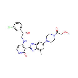 COCC(=O)N1CCN(c2cc(C)c3nc(-c4c(NC[C@@H](O)c5cccc(Cl)c5)cc[nH]c4=O)[nH]c3c2)CC1 ZINC000049784839