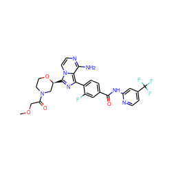 COCC(=O)N1CCO[C@@H](c2nc(-c3ccc(C(=O)Nc4cc(C(F)(F)F)ccn4)cc3F)c3c(N)nccn23)C1 ZINC000145083890