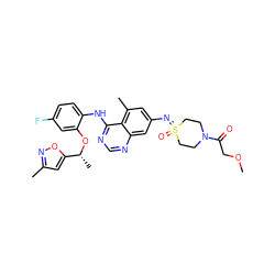 COCC(=O)N1CCS(=O)(=Nc2cc(C)c3c(Nc4ccc(F)cc4O[C@H](C)c4cc(C)no4)ncnc3c2)CC1 ZINC001772602887