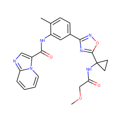 COCC(=O)NC1(c2nc(-c3ccc(C)c(NC(=O)c4cnc5ccccn45)c3)no2)CC1 ZINC000206108851