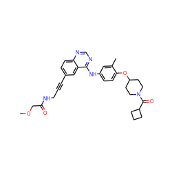 COCC(=O)NCC#Cc1ccc2ncnc(Nc3ccc(OC4CCN(C(=O)C5CCC5)CC4)c(C)c3)c2c1 ZINC000028706314