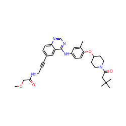 COCC(=O)NCC#Cc1ccc2ncnc(Nc3ccc(OC4CCN(C(=O)CC(C)(C)C)CC4)c(C)c3)c2c1 ZINC000028706319