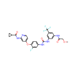 COCC(=O)Nc1cc(NC(=O)Nc2ccc(Oc3ccnc(NC(=O)C4CC4)c3)c(F)c2)cc(C(F)(F)F)c1 ZINC001772636272