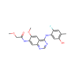 COCC(=O)Nc1cc2ncnc(Nc3cc(O)c(C)cc3F)c2cc1OC ZINC000013803337