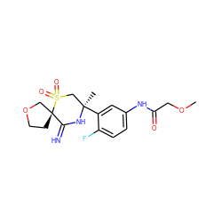 COCC(=O)Nc1ccc(F)c([C@]2(C)CS(=O)(=O)[C@]3(CCOC3)C(=N)N2)c1 ZINC000147248297