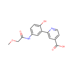 COCC(=O)Nc1ccc(O)c(-c2cc(C(=O)O)ccn2)c1 ZINC000263620509