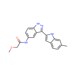 COCC(=O)Nc1ccc2[nH]nc(-c3cc4ccc(C)cc4[nH]3)c2c1 ZINC000066156815