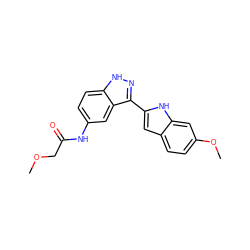 COCC(=O)Nc1ccc2[nH]nc(-c3cc4ccc(OC)cc4[nH]3)c2c1 ZINC000066097398