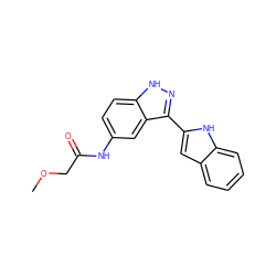 COCC(=O)Nc1ccc2[nH]nc(-c3cc4ccccc4[nH]3)c2c1 ZINC000066112970