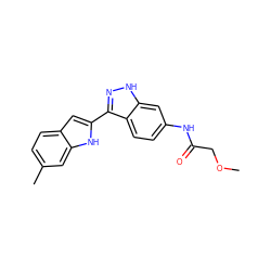 COCC(=O)Nc1ccc2c(-c3cc4ccc(C)cc4[nH]3)n[nH]c2c1 ZINC000066097404