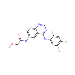 COCC(=O)Nc1ccc2ncnc(Nc3cc(Cl)c(Cl)cc3F)c2c1 ZINC000013671595