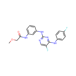 COCC(=O)Nc1cccc(Nc2ncc(F)c(Nc3ccc(F)cc3)n2)c1 ZINC000653762905