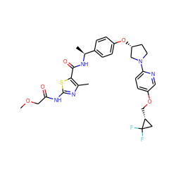 COCC(=O)Nc1nc(C)c(C(=O)N[C@@H](C)c2ccc(O[C@@H]3CCN(c4ccc(OC[C@@H]5CC5(F)F)cn4)C3)cc2)s1 ZINC000169709635