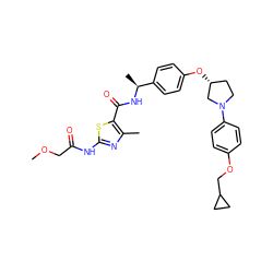 COCC(=O)Nc1nc(C)c(C(=O)N[C@@H](C)c2ccc(O[C@@H]3CCN(c4ccc(OCC5CC5)cc4)C3)cc2)s1 ZINC001772581738