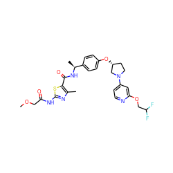 COCC(=O)Nc1nc(C)c(C(=O)N[C@@H](C)c2ccc(O[C@@H]3CCN(c4ccnc(OCC(F)F)c4)C3)cc2)s1 ZINC000169709588