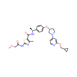 COCC(=O)Nc1nc(C)c(C(=O)N[C@@H](C)c2ccc(O[C@@H]3CCN(c4ccnc(OCC5CC5)c4)C3)cc2)s1 ZINC000169709544