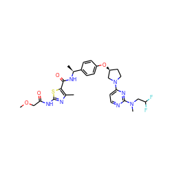 COCC(=O)Nc1nc(C)c(C(=O)N[C@@H](C)c2ccc(O[C@H]3CCN(c4ccnc(N(C)CC(F)F)n4)C3)cc2)s1 ZINC000261168357