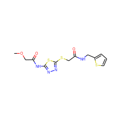 COCC(=O)Nc1nnc(SCC(=O)NCc2cccs2)s1 ZINC000004355145