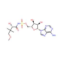 COCC(C)(C)[C@H](O)C(=O)NS(=O)(=O)OC[C@H]1O[C@@H](n2cnc3c(N)ncnc32)[C@H](O)[C@@H]1O ZINC000035062191