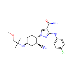 COCC(C)(C)N[C@H]1CC[C@H](n2cc(C(N)=O)c(Nc3ccc(Cl)cc3)n2)[C@@H](C#N)C1 ZINC000222980052