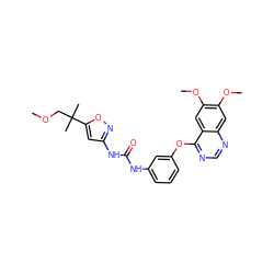 COCC(C)(C)c1cc(NC(=O)Nc2cccc(Oc3ncnc4cc(OC)c(OC)cc34)c2)no1 ZINC000084668608