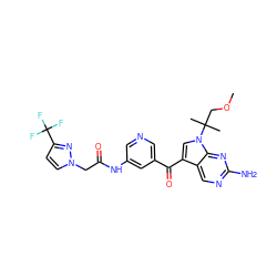 COCC(C)(C)n1cc(C(=O)c2cncc(NC(=O)Cn3ccc(C(F)(F)F)n3)c2)c2cnc(N)nc21 ZINC000169708055