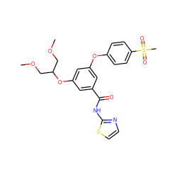 COCC(COC)Oc1cc(Oc2ccc(S(C)(=O)=O)cc2)cc(C(=O)Nc2nccs2)c1 ZINC000038912406