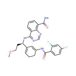 COCC[C@@H](Nc1ncnc2c(C(N)=O)cccc12)C1=CCCC(NC(=O)c2ccc(F)cc2F)=C1 ZINC000167001372