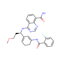 COCC[C@@H](Nc1ncnc2c(C(N)=O)cccc12)C1=CCCC(NC(=O)c2ccccc2F)=C1 ZINC000166954836