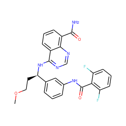 COCC[C@@H](Nc1ncnc2c(C(N)=O)cccc12)c1cccc(NC(=O)c2c(F)cccc2F)c1 ZINC000114343832