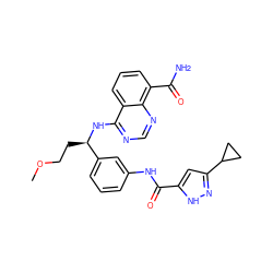 COCC[C@@H](Nc1ncnc2c(C(N)=O)cccc12)c1cccc(NC(=O)c2cc(C3CC3)n[nH]2)c1 ZINC000114344167