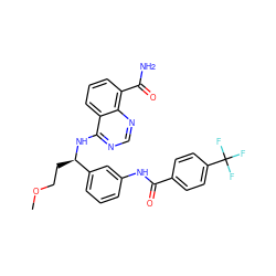 COCC[C@@H](Nc1ncnc2c(C(N)=O)cccc12)c1cccc(NC(=O)c2ccc(C(F)(F)F)cc2)c1 ZINC000114346925