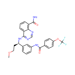 COCC[C@@H](Nc1ncnc2c(C(N)=O)cccc12)c1cccc(NC(=O)c2ccc(OC(F)(F)F)cc2)c1 ZINC000114347613