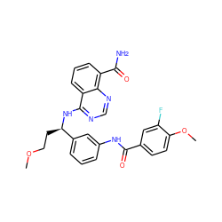 COCC[C@@H](Nc1ncnc2c(C(N)=O)cccc12)c1cccc(NC(=O)c2ccc(OC)c(F)c2)c1 ZINC000114347346