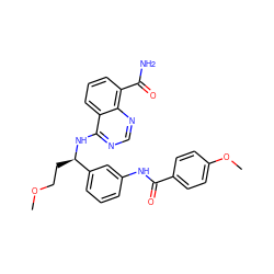 COCC[C@@H](Nc1ncnc2c(C(N)=O)cccc12)c1cccc(NC(=O)c2ccc(OC)cc2)c1 ZINC000167070023