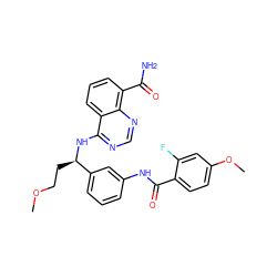 COCC[C@@H](Nc1ncnc2c(C(N)=O)cccc12)c1cccc(NC(=O)c2ccc(OC)cc2F)c1 ZINC000114346789