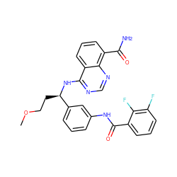 COCC[C@@H](Nc1ncnc2c(C(N)=O)cccc12)c1cccc(NC(=O)c2cccc(F)c2F)c1 ZINC000114346978