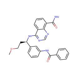 COCC[C@@H](Nc1ncnc2c(C(N)=O)cccc12)c1cccc(NC(=O)c2ccccc2)c1 ZINC000114344386