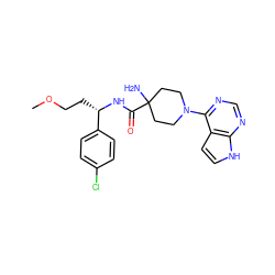 COCC[C@H](NC(=O)C1(N)CCN(c2ncnc3[nH]ccc23)CC1)c1ccc(Cl)cc1 ZINC000095581933