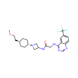 COCC[C@H]1CC[C@H](N2CC(NC(=O)CNc3ncnc4ccc(C(F)(F)F)cc34)C2)CC1 ZINC000149163215