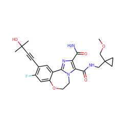 COCC1(CNC(=O)c2c(C(N)=O)nc3n2CCOc2cc(F)c(C#CC(C)(C)O)cc2-3)CC1 ZINC000205802188