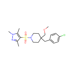 COCC1(Cc2ccc(Cl)cc2)CCN(S(=O)(=O)c2c(C)nn(C)c2C)CC1 ZINC000207267220