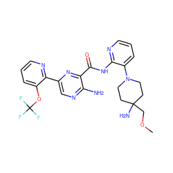 COCC1(N)CCN(c2cccnc2NC(=O)c2nc(-c3ncccc3OC(F)(F)F)cnc2N)CC1 ZINC001772597183